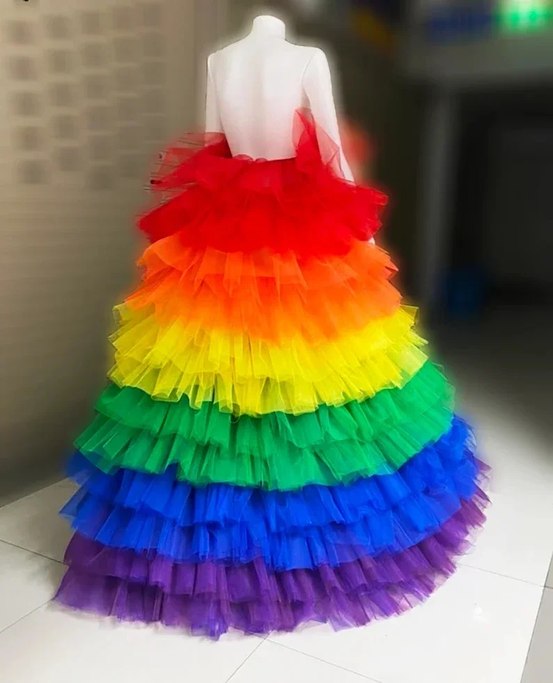 Voluminous Puffy Ruffles Tiered Tulle Skirts Women Long Floor Length Custom Made jupe femme Rainbow Colored Skirt Lush