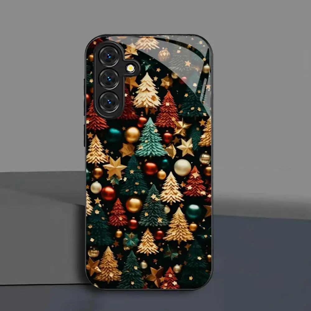 Weihnachts-Glas-Handyhülle für Samsung Galaxy S26 S25 S24 S23 S22 S22 Ultra Plus FE, galvanisierter Rahmen, stoßfeste Hartschale
