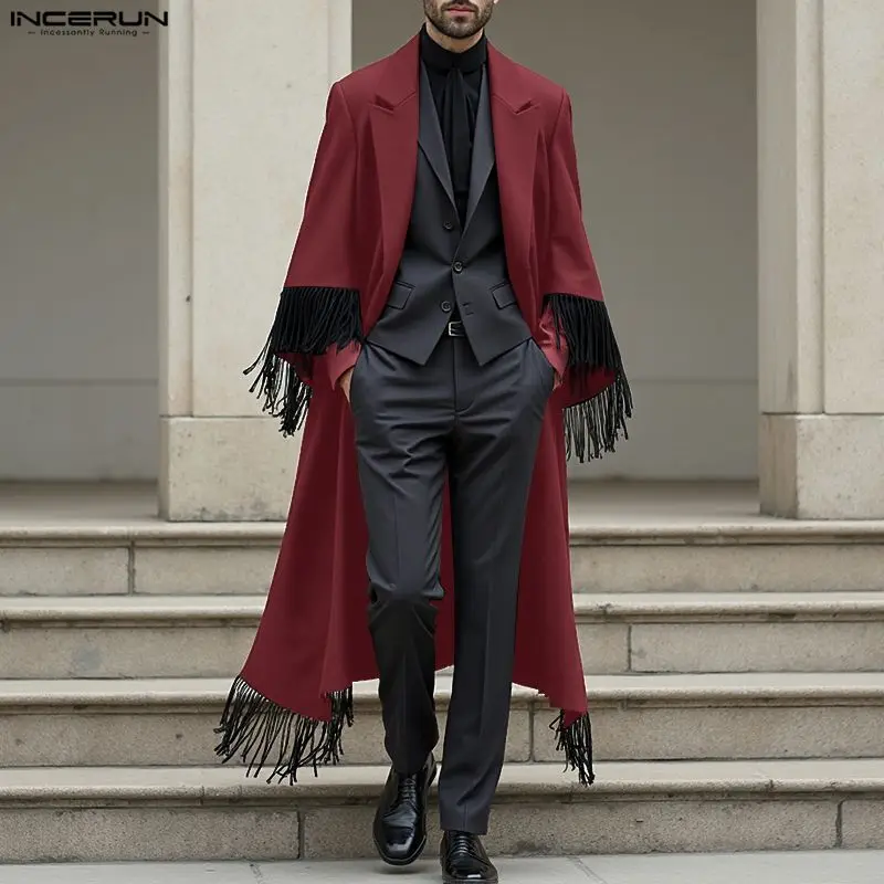 INCERUN Men Blazer Tassel Patchwork Lapel Long Sleeve Long Style Blazer Men Streetwear Loose Coats 2025 Fashion Casual Male Suit