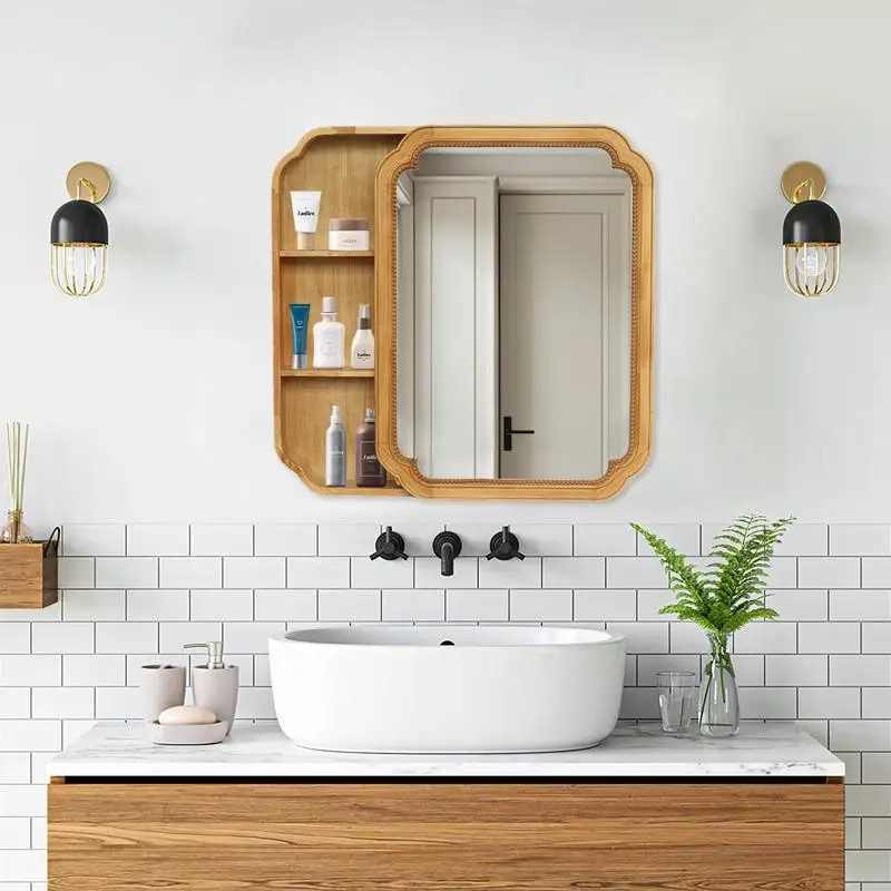 

31.5"x23.82" Wood Framed Wall-Mounted Mirror Cabinet with Storage Shelves for Bathroom and Living Room