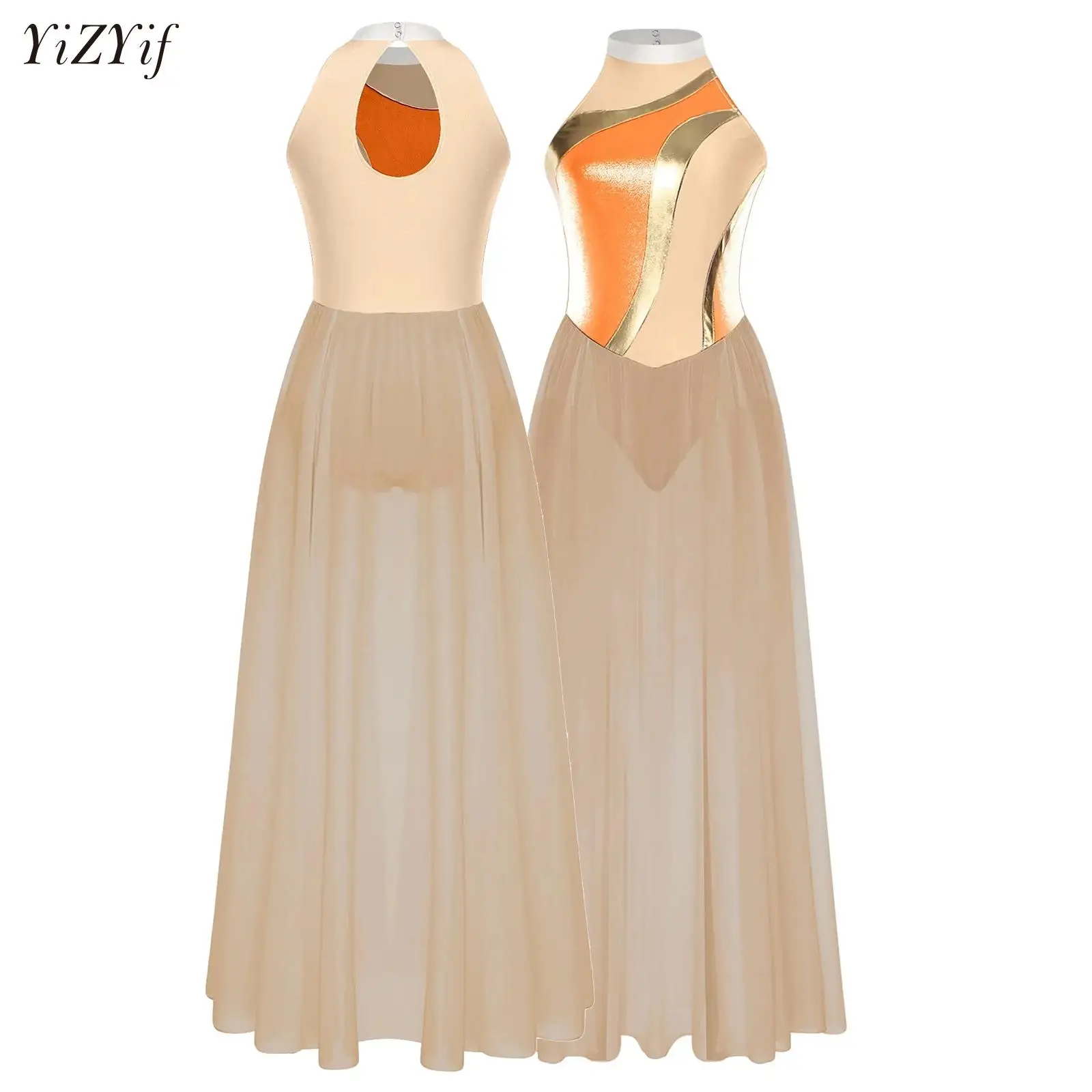 

Women Modern Lyrical Dance Dress Sheer Mesh Ballet Gymnastics Leotard Flowing Overlay Chiffon Long Skirt Contemporary Dancewear
