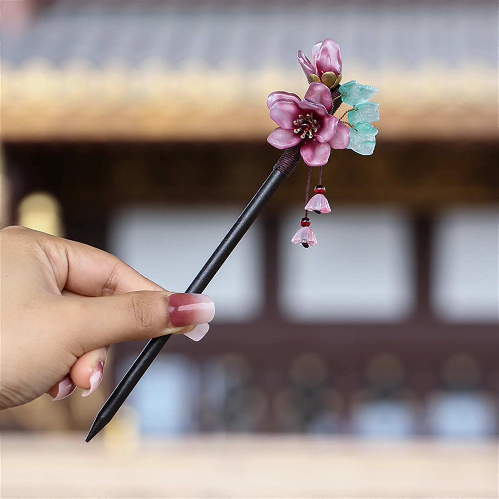 Flower Wood Hair Chignon Fairy Fringe Hair Stick Chinese Hanfu Hair Accessories Ancient Cosplay Party Hairpin Retro Hair Jewelry