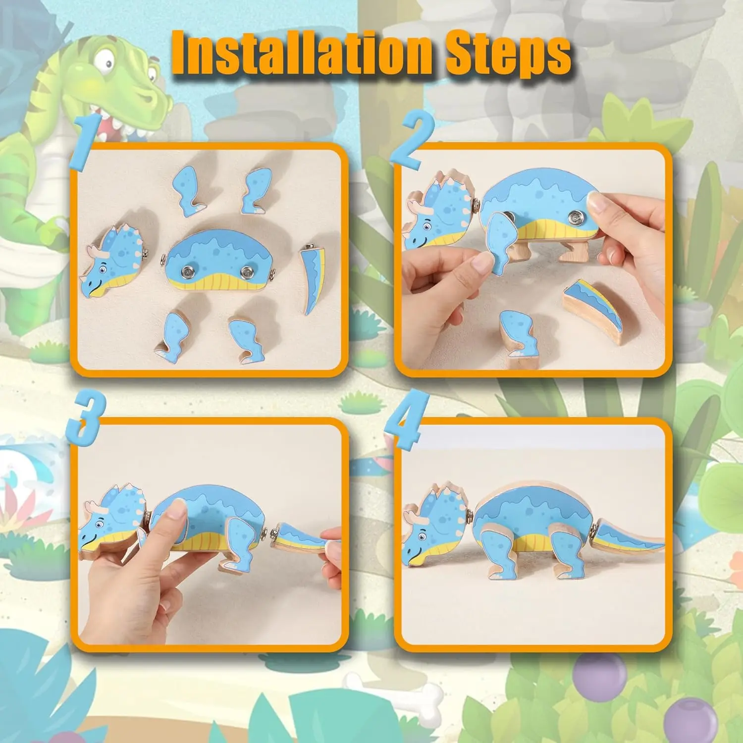 Dinozaury Drewniane Klocki Konstrukcyjne, Montessori Zabawki Dinozaury do Łączenia, Edukacyjne Prezenty STEM Rozwijające Motorykę Małą dla Dzieci 3