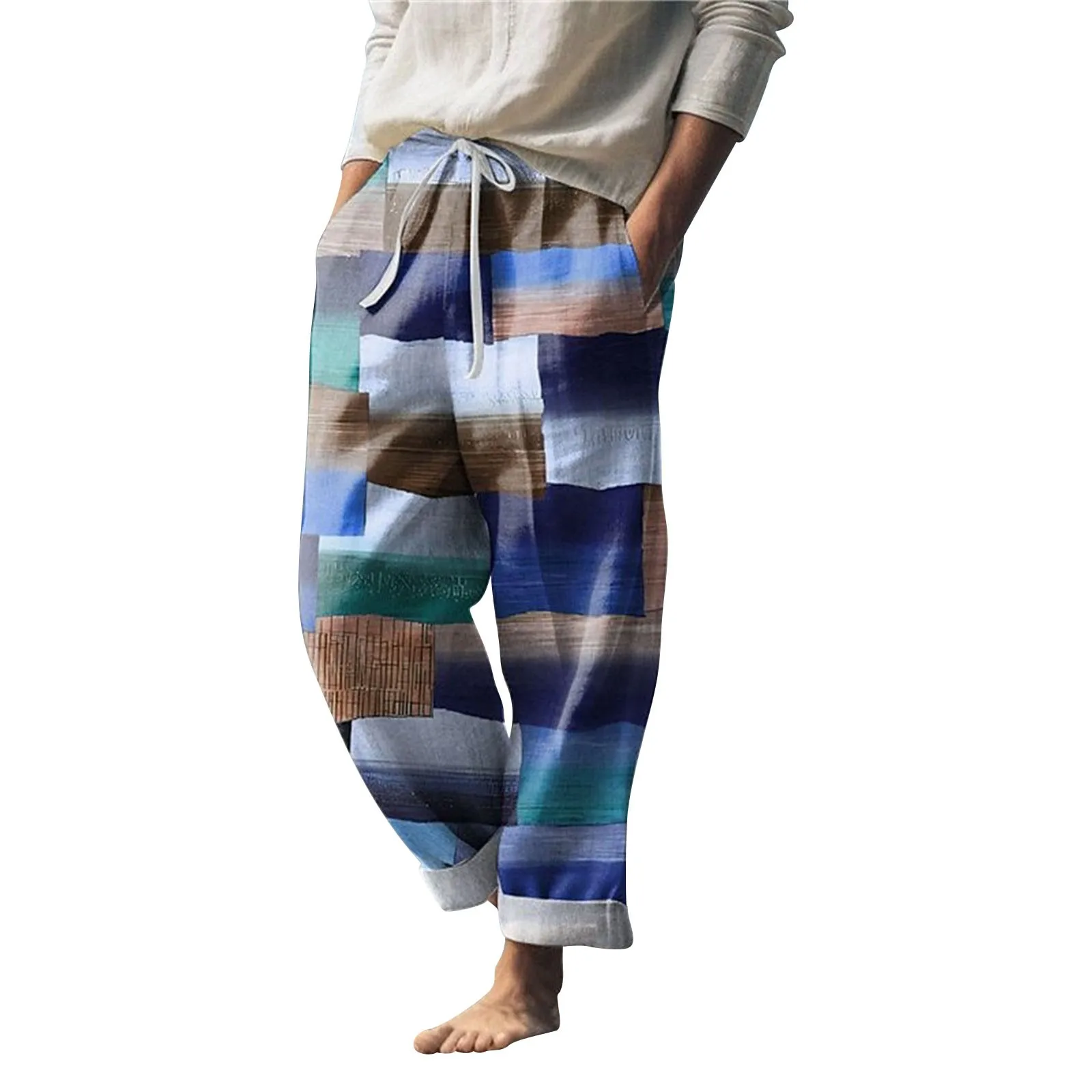 

Men's Summer Beach Drawstring Elastic Waist Pattern Color Block Geometric Pattern Breathable Soft Warm House Rave Bottoms