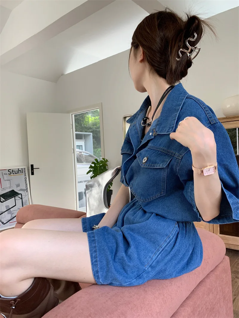 2023 Summer Womens Short Suits Elegante Temperament Two Pieces Sets Casual  Denim Shorts Women\'s  Korean Denim Two Pieces Suits