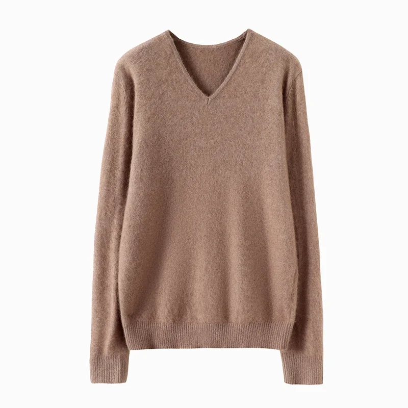 WinvyNee Women Clothing Mink Cashmere Sweater V Neck Solid Tops Outerwears 2024 Knitted Oversized Pullovers Winter A1248009