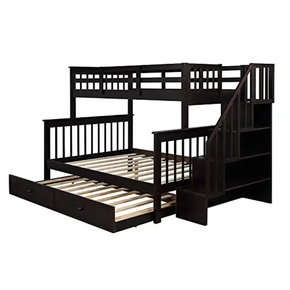 Twin Over Full Bunk Bed Trundle Stairway Storage Guard Rail Wooden Espresso Solid Pine Wood MDF Kids Adults Accommodating