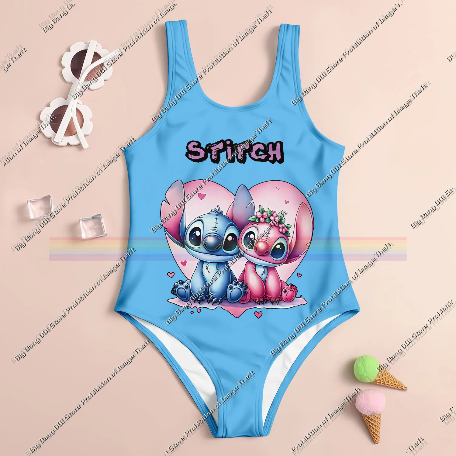 

Stitch Miniso Cartoon 2025 Summer 3D Printing Kids Clothing Swimsuit Girls Two Piece Bikini UV Protection Quick Dry Beach