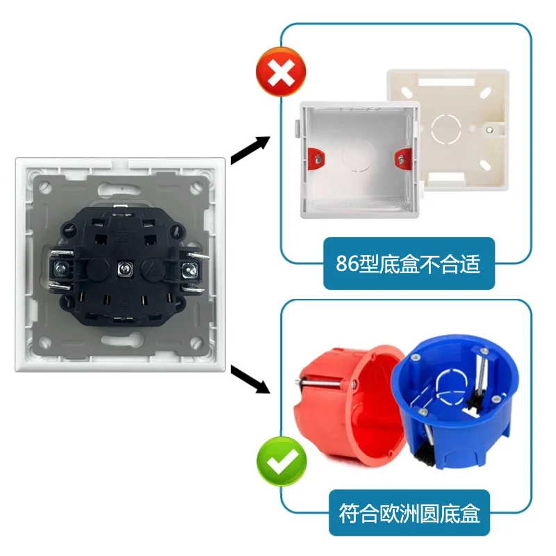 82*82mm EU Standard Curved Arc Panel Round Base, Black matte high-quality PC flat panel, EU household wall switch socket series