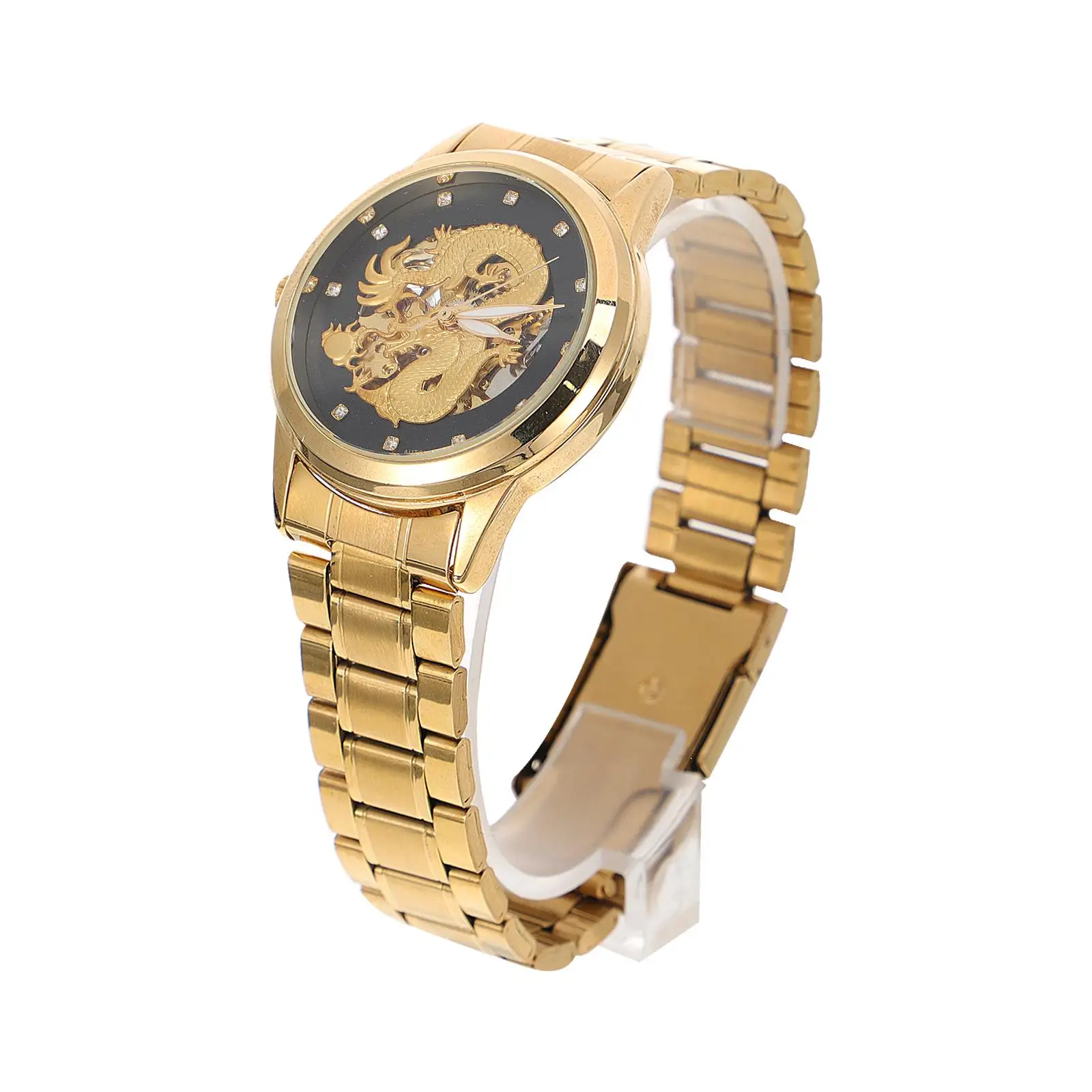 Orologio meccanico impermeabile da uomo in acciaio inossidabile da lavoro quadrante scavato elegante moda maschile nero da polso alto