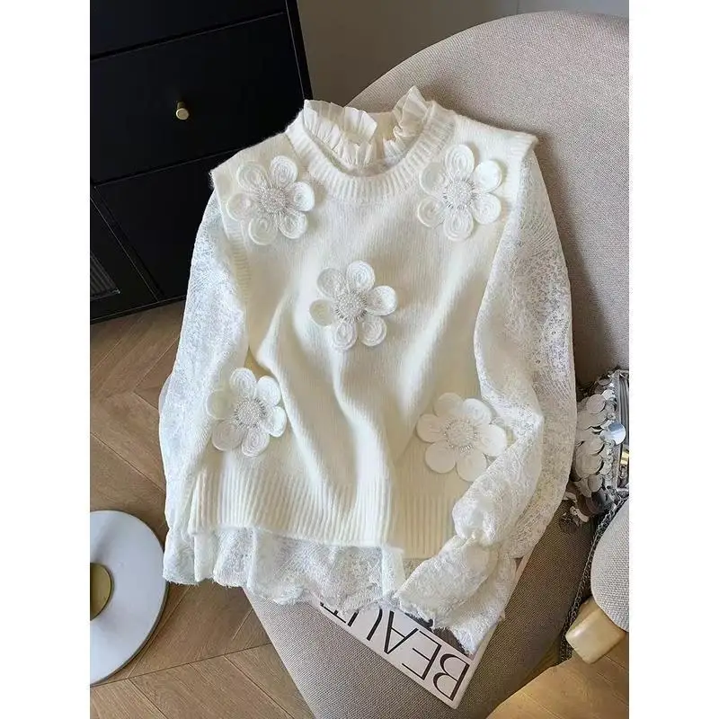 جديد ثلاثية الأبعاد زهرة س الرقبة أكمام محبوك سترة سترة المرأة بلايز تانك صدرية الكورية الحلو الفتيات سترة سترات القمم ربيع 2026 #4