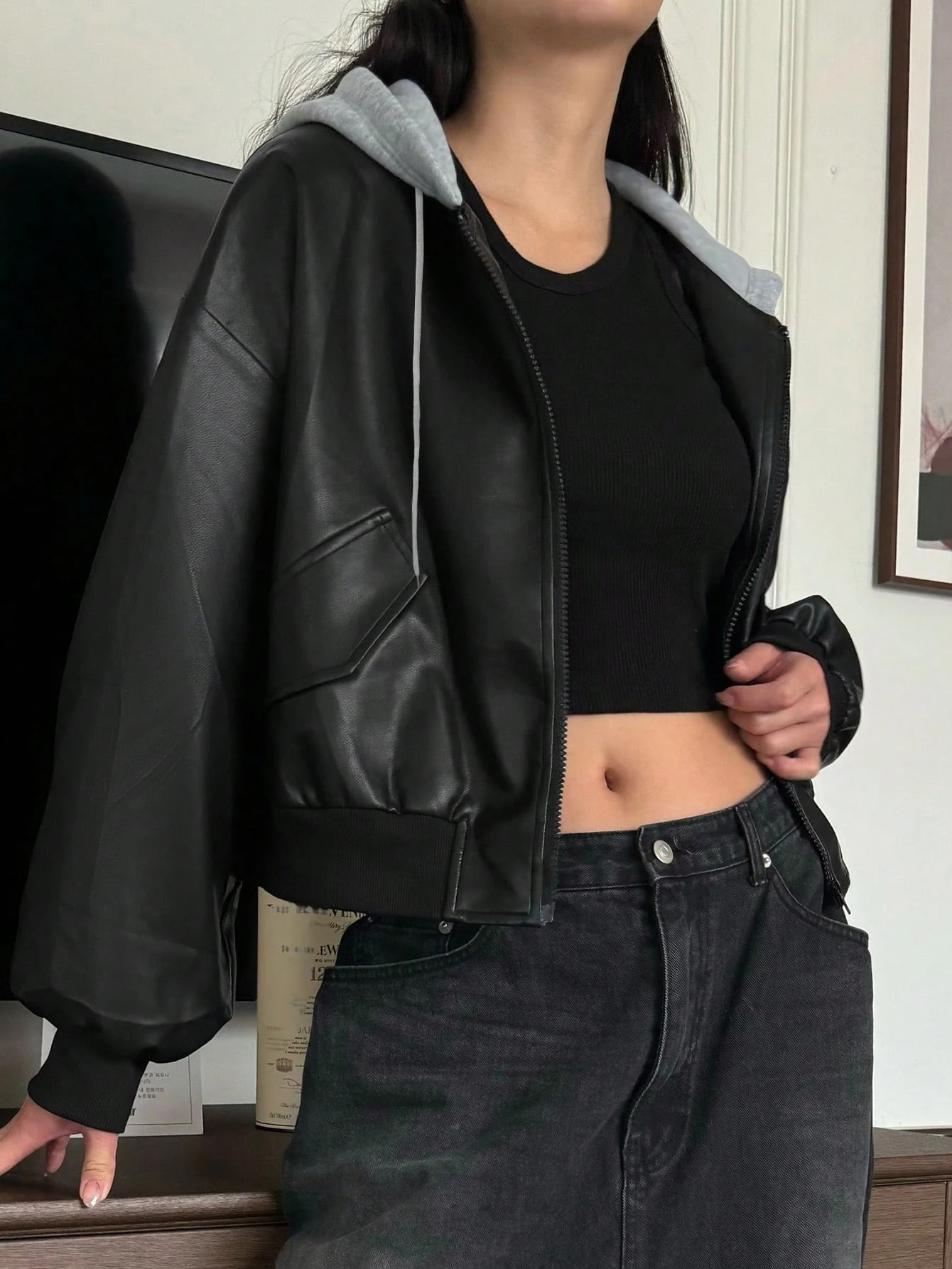 Women's casual contrast color drop shoulder long sleeve zipper hooded jacket | PU leather front zipper hooded loose jacket | Aut