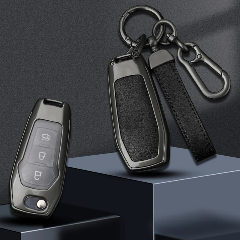 

New Zinc Alloy Leather Car Key Case Cover for Ford Figo 2017 Mondeo 5 Ecosport Fiesta Mk8 Everest Ranger Fusion Kuga Escort F150