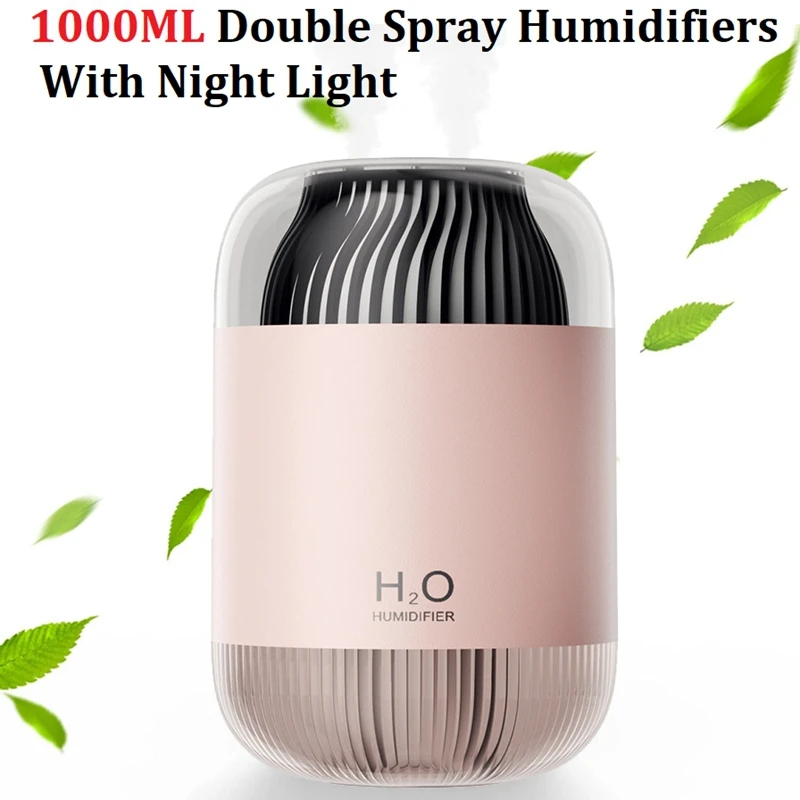 Humidifier 1000ML Rechargeable Double Spray Humidifiers With Night Light 4-Mist Modes Air Humidifier For Home Office