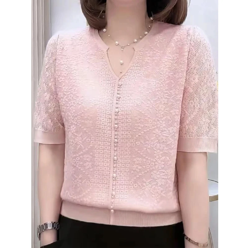 Women Fashion Jacquard Beaded Chic Short Sleeve Ice Silk Knitted T-shirt Summer Ladies Elegant V Neck Loose Solid Pullover Tops