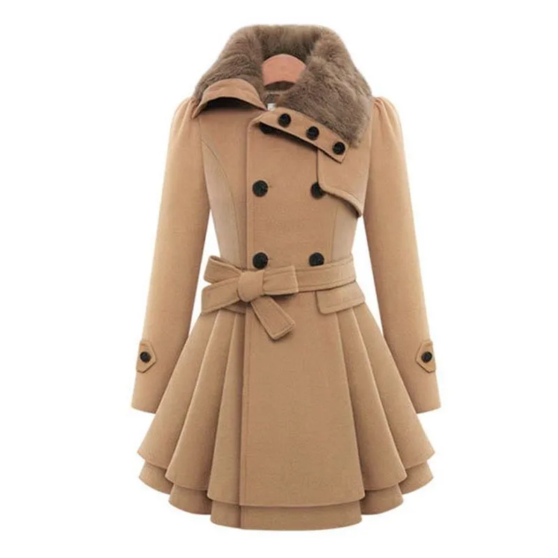 

Женское длинное зимнее шерстяное пальто двубортное однотонное из 100% хлопка с дизайнерскими вставками