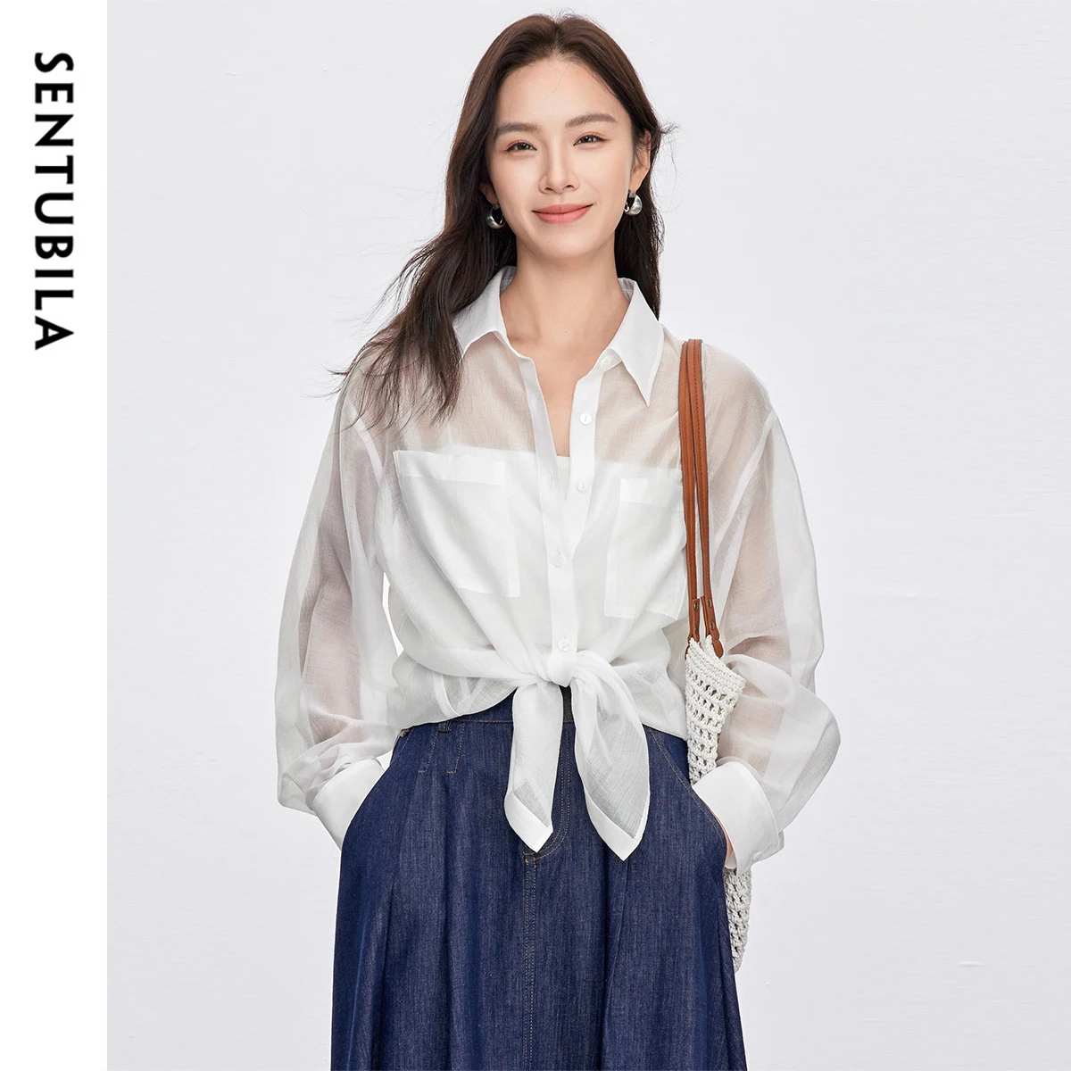 SENTUBILA Elegant Solid Color Women's Shirt 2025 Summer Commute Lapel Drop Sleeve Side Slit Single Breasted Blouses 152C80171