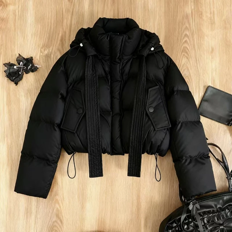 

Y2k Long Sleeve Women Black Hoodie Padded Parkas Stand Collar Down American Retro Jacket Parkas Outwears 2025 Autumn Winter