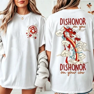2026 Cartoon Red Dragon Double Sided Unisex T‑Shirt Front Small Dragon Emblem Back Dragon Cloud And Funny Quote Cotton Short
