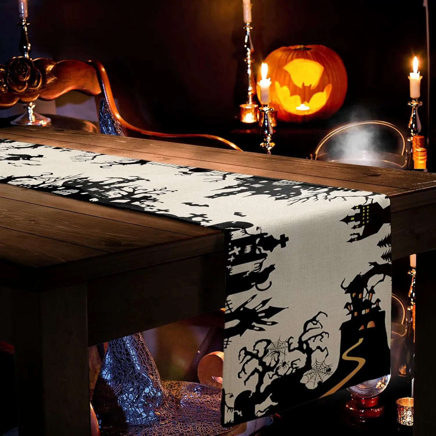 Halloween Scary Haunted Castle Tree Linen Table Runner Resser Scarves Reusable Kitchen Dining Table Runner Halloween Decorations