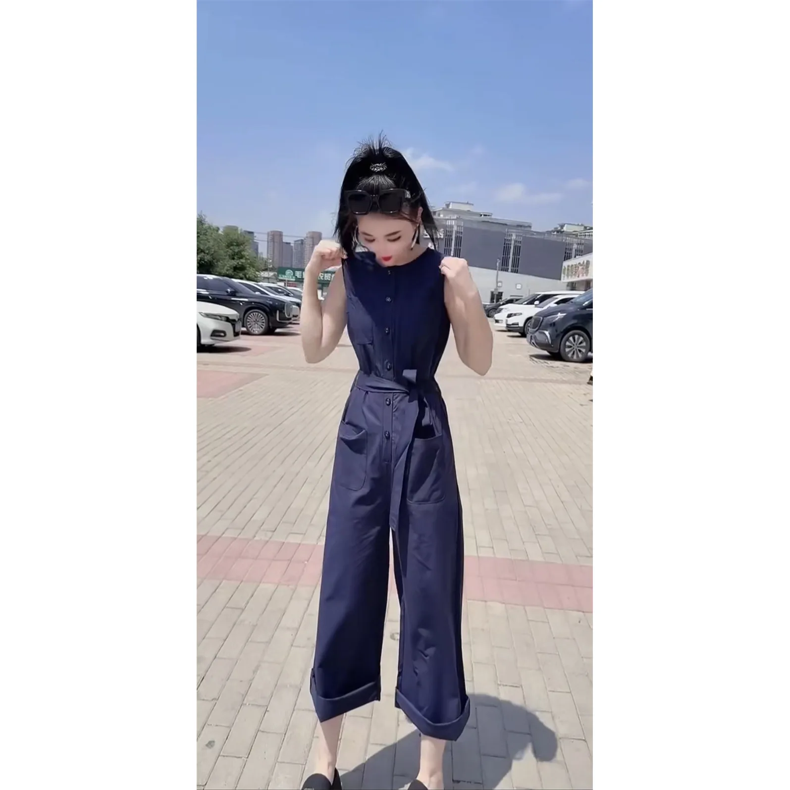 Faionable Abito intero con cintura a bottone singolo Svel Pantaloni lunghi a vita alta da donna Pendolarismo Sle Colore puro Estate Nuovo