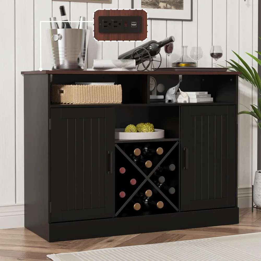 

Farmhouse Coffee Bar Cabinet with Prower Outlets, Rustic Liquor Cabinet with Wine Rack, Wooden Wine Cabinet for Dining Room & Li