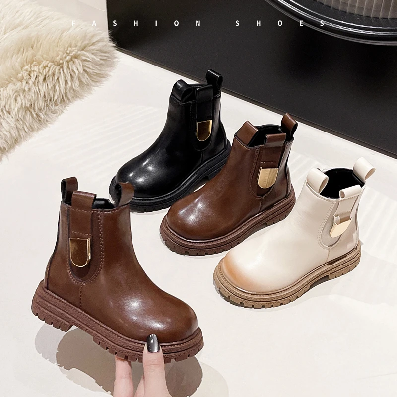 

Children Short Boots Round Toes Versatile Kids Leather Boots Korean Style 2025 Autumn New Girls Ankle Boots Soft Bottom Non-slip