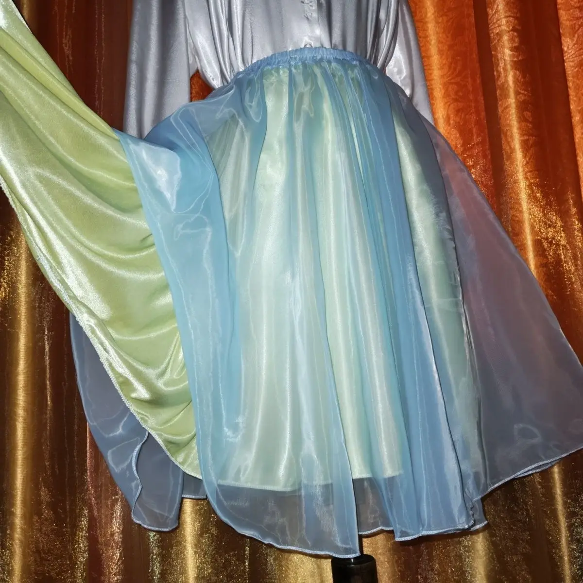 Double Layers Glossy Satin Gauze Organza Ice Silk Lining Skirt Elegant Man Women High Waist A Line Half Length Skirt