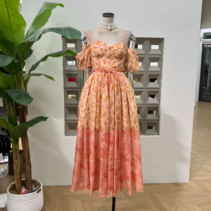 DFDG 2025 femmes Vintage Boho imprimé fleuri bouton avant Maxi robe bouffante manches courtes soyeux TouchSpring été décontracté fête