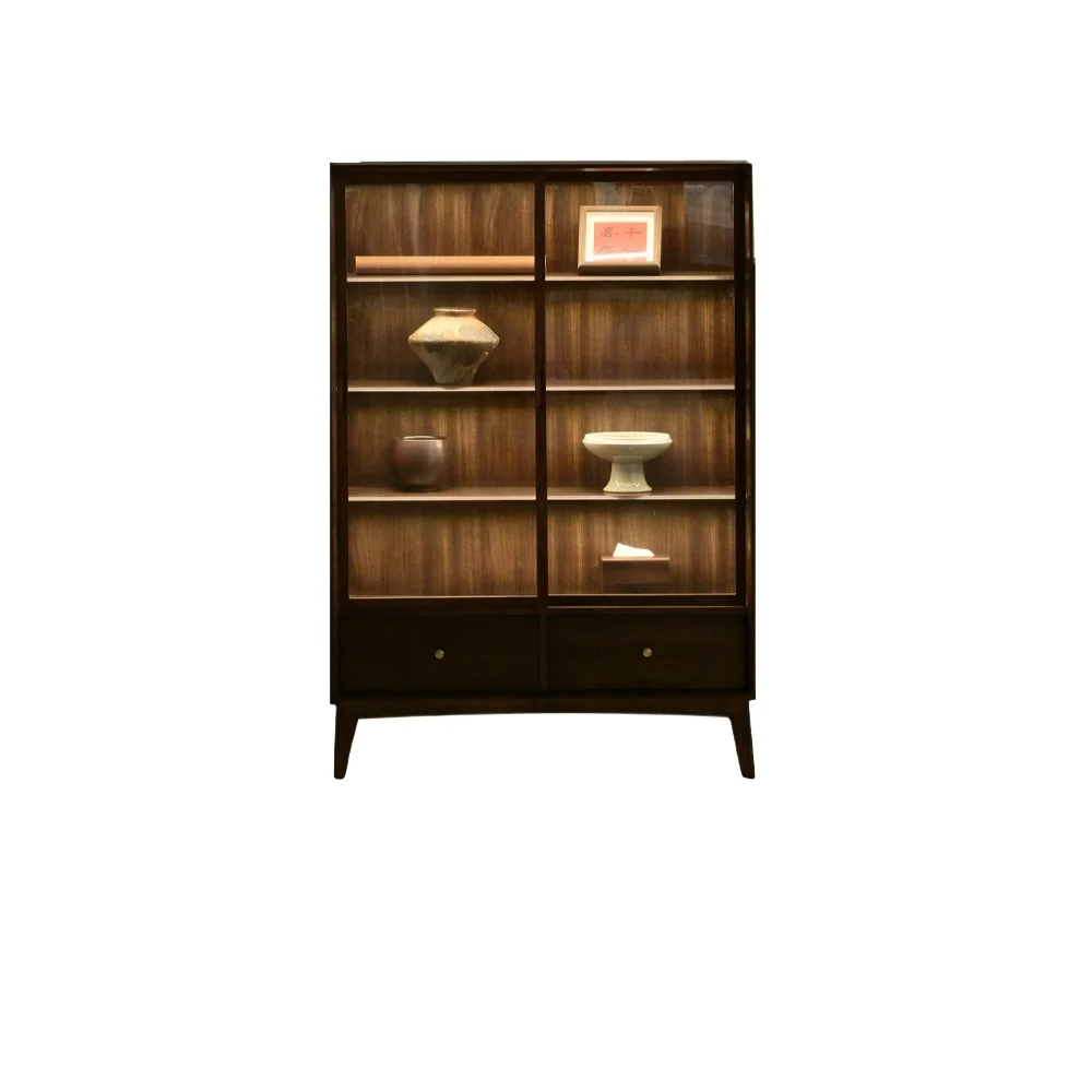 

Бытовая витрина для хранения с выдвижными ящиками, шкаф для чайного сервиза из чистого массива дерева, черного ореха, с подсветкой