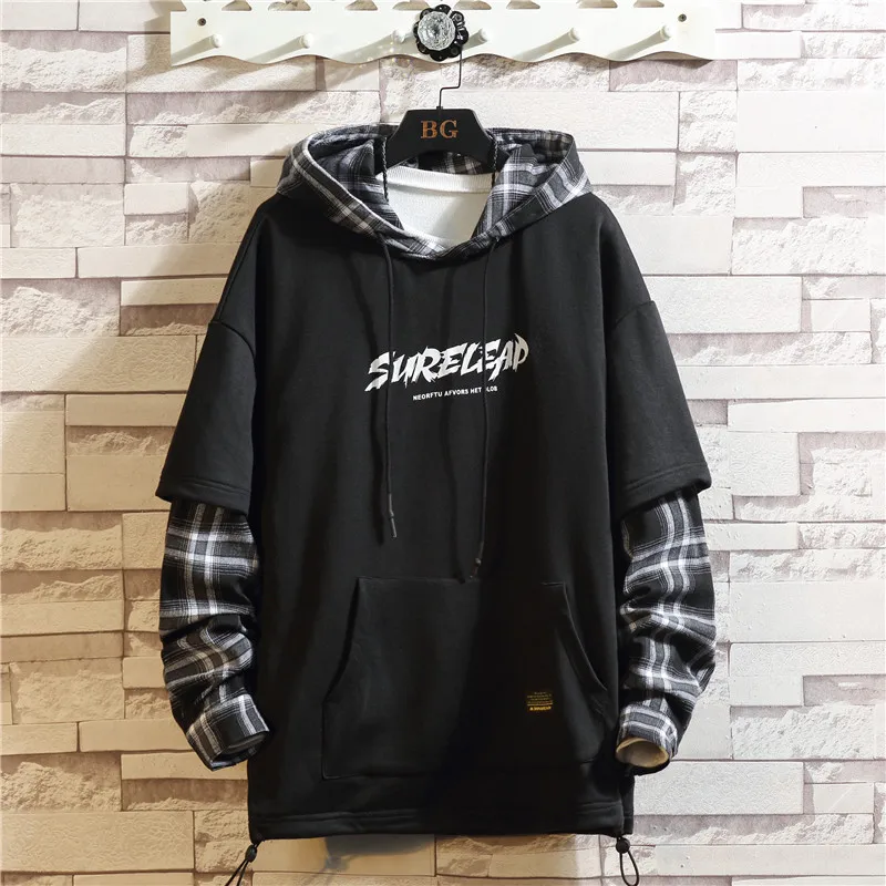 Black Tartan Patchwork Hoodies Autumn Spring Men's Sweatshirts Hiphop Punk Streetwear Casual Pullover Hoodie Black Lattice