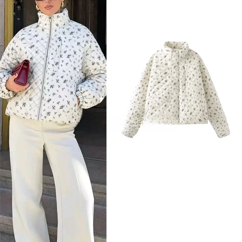 Autumn New Arrival Women's Thiened Long Sve Print Cotton Jaet Stand Collar Loose Warm Coat Commute Sle Single Button