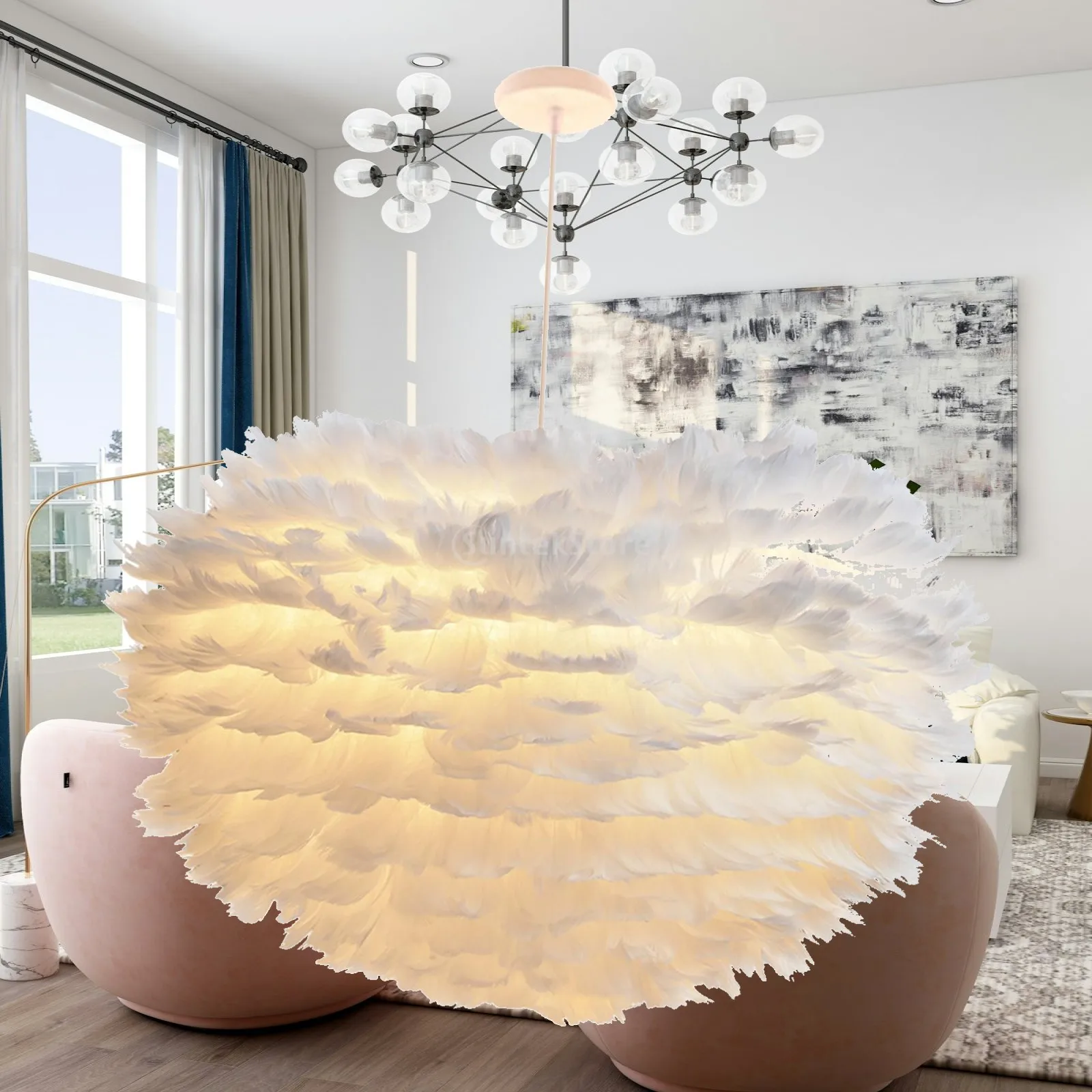 Lightweight Feather Ceiling Fixture Adjustable Chandelier for Holiday Decor, Living Space, Bedroom, Office, Dining Area