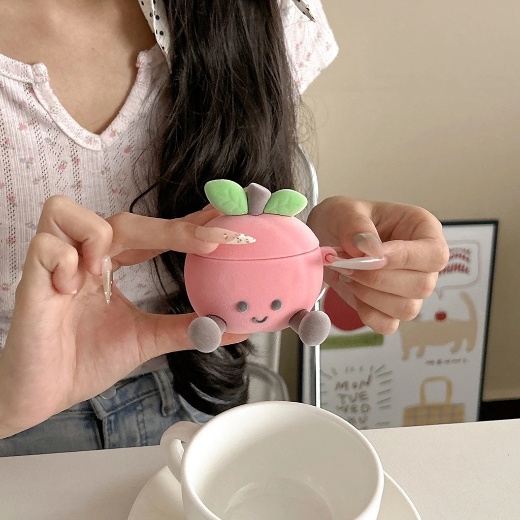 

Cute Cartoon Pink Honey Peach Flocking Fabric Hook Shockproof Protective Earphone Cover Case for AirPods 1 or 2 3 4 Pro 2