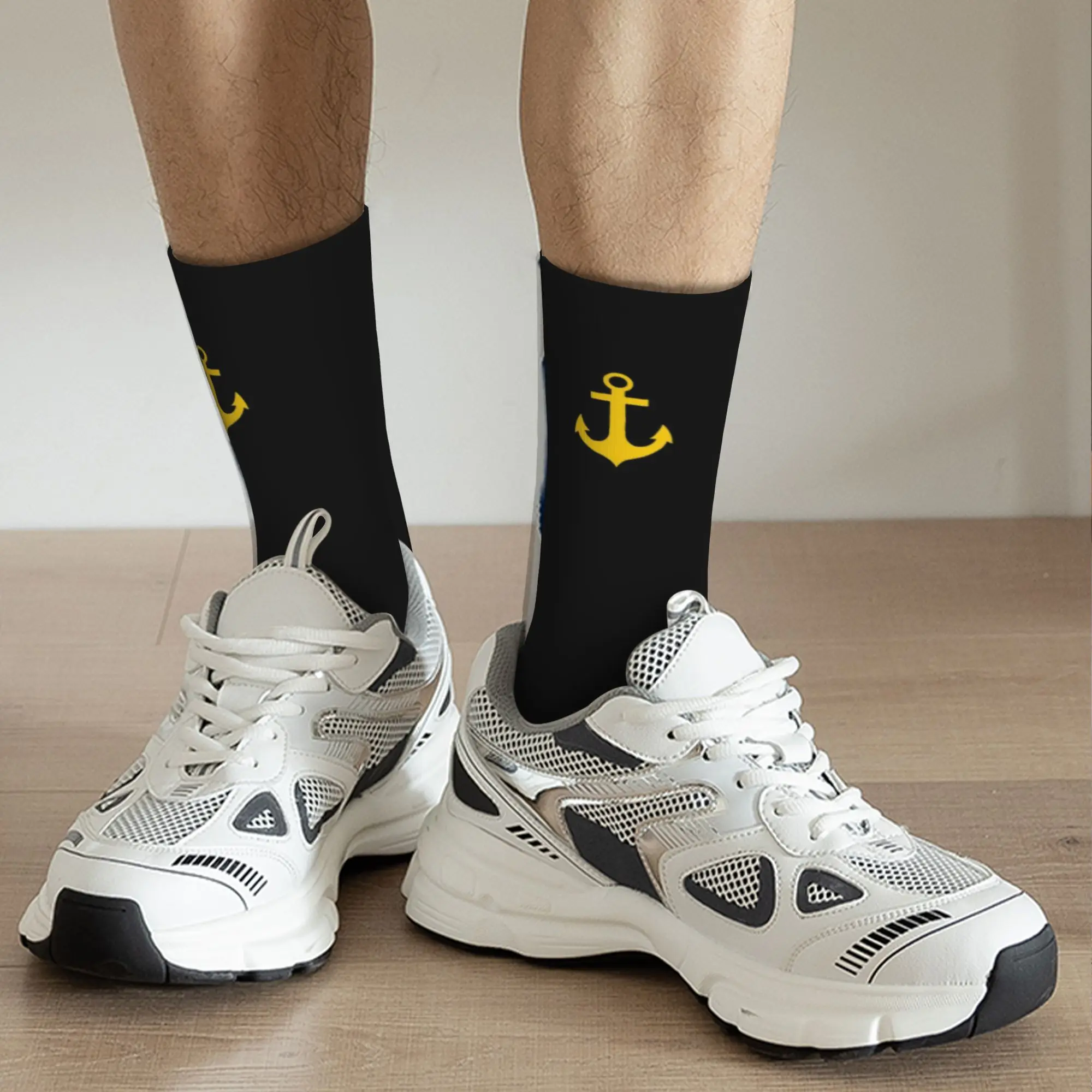 Custom Gold Anchor Logo Men Women Crew Socks Unisex Fashion 3D Print Sailor Nautical Adventure Dress Socks view 5