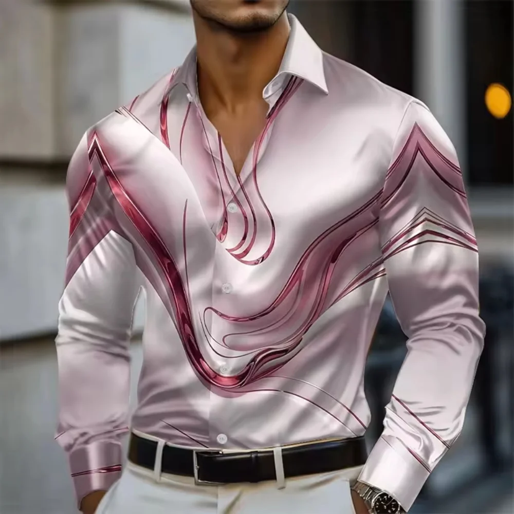 

New trendy men's shirt 3D printed abstract wavy design style men's lapel button vacation long sleeved shirt