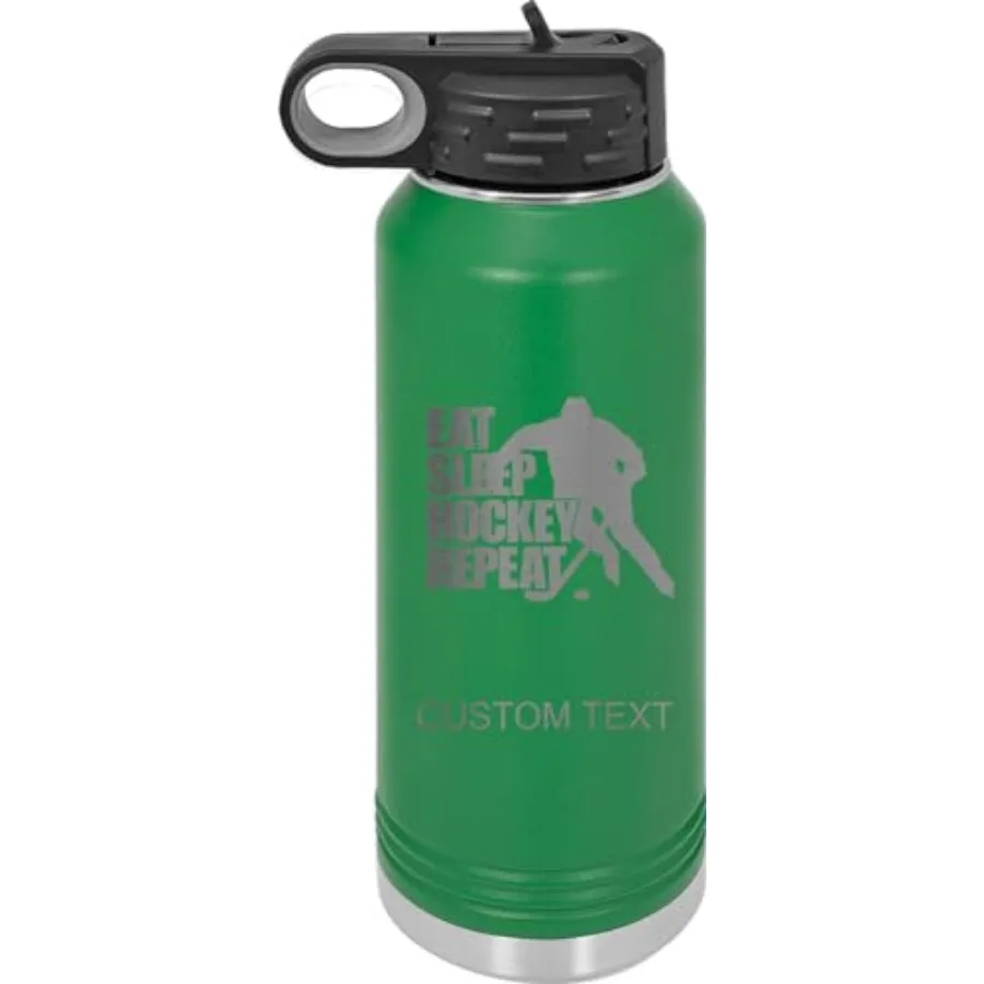 Hockey eat sleep repeat, Personalized Custom Engraved Double Wall Vacuum Hot/Cold Drinks Insulated Stainless Steel Boys/Girls S