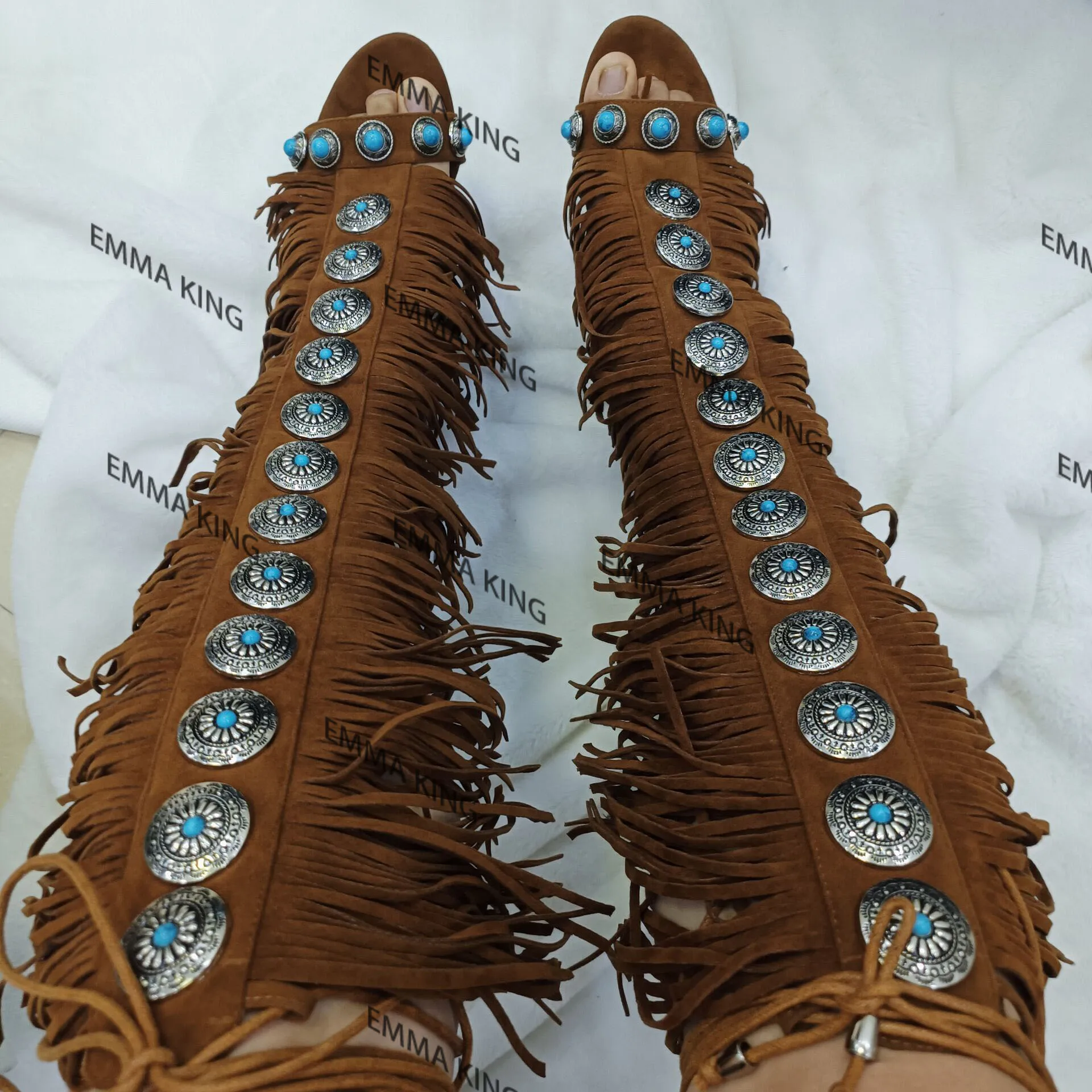 Designer Fringe Thih High Heel Sandals Woman High Heels Open Toe Party Prom Shoes 2024 Sexy Zipper Female Tassel Pumps 44