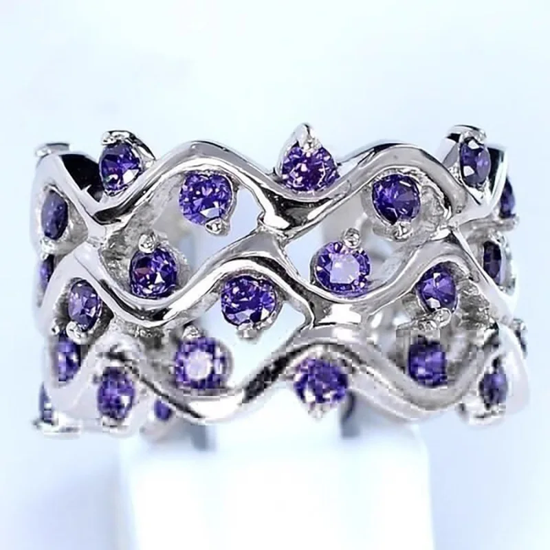 Wave Shaped Line Micro Inlaid Zircon Ring for Women, High-end Purple, Elegant and Romantic Round Combination Arranged Jewelry