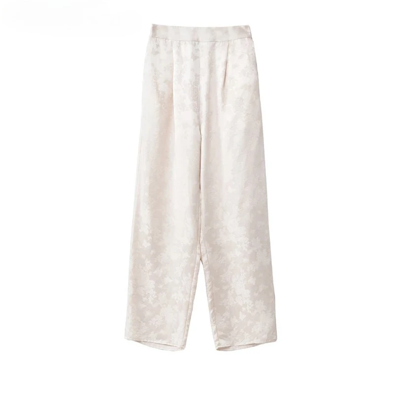 Women's Fashion Autumn Clothing 100%Natural Mulberry Silk Jacquard Flower Rose High Waist Solid Double Pocket Straight Leg Pants
