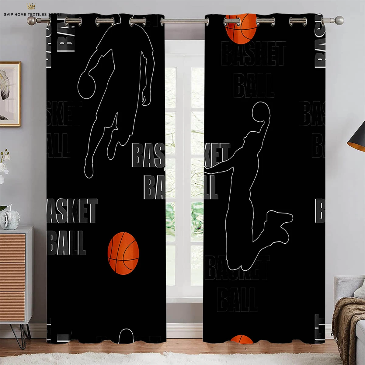 

Machine Washable Basketball Print Curtains, Bedroom, Living Room, Kitchen, Club, Dormitory, Decorative, 2 Pcs