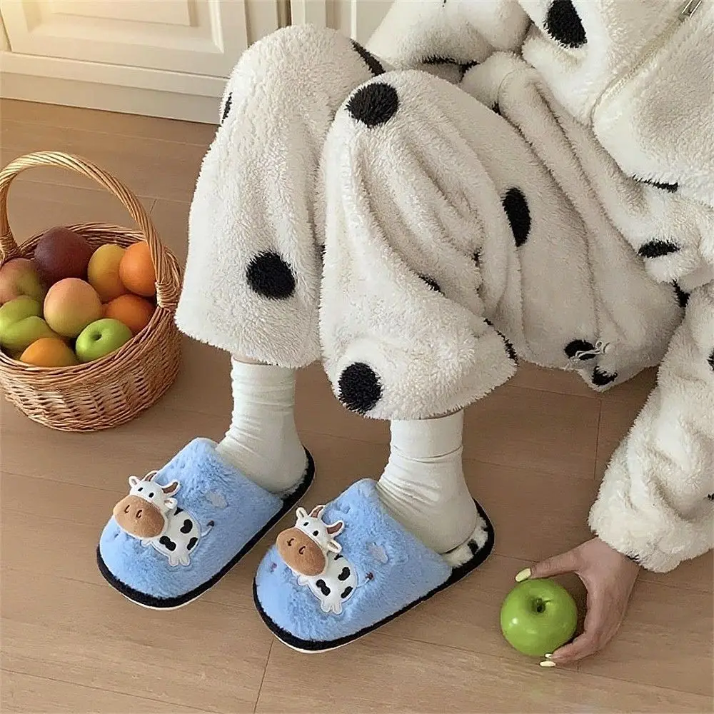 Creative cow fluffy slippers woman warm house shoes top quality couples lovers indoor slippers non-slip animal fur clogs