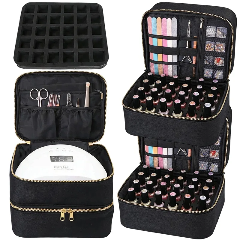 

Nail Polish Storage Double Layer Organizer Case with Adjustable Dividers for Nail Lamp Drill Kit Large Capacity Portable Oxford