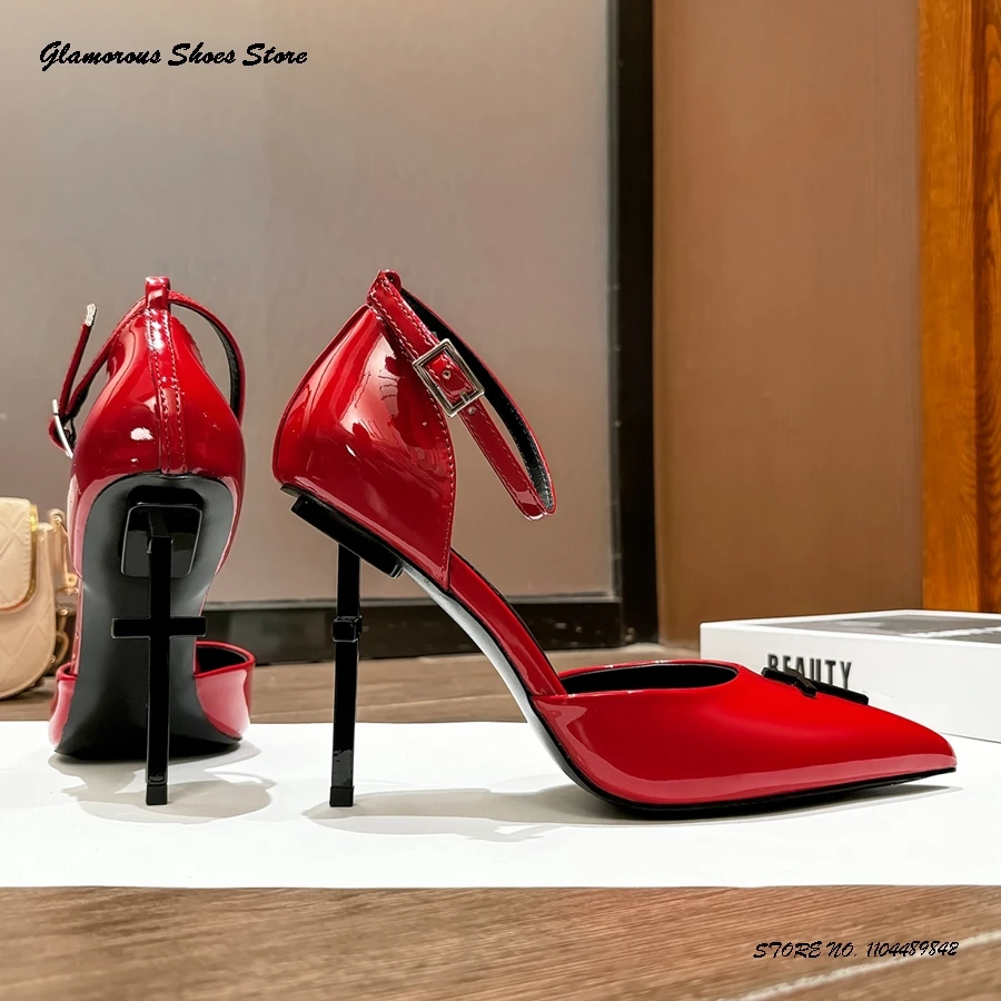 المرأة غريبة نمط حذاء كعب عالي الجدة أشار تو الكاحل حزام فستان الحفلات أحذية الربيع الصيف براءات الاختراع والجلود الخناجر