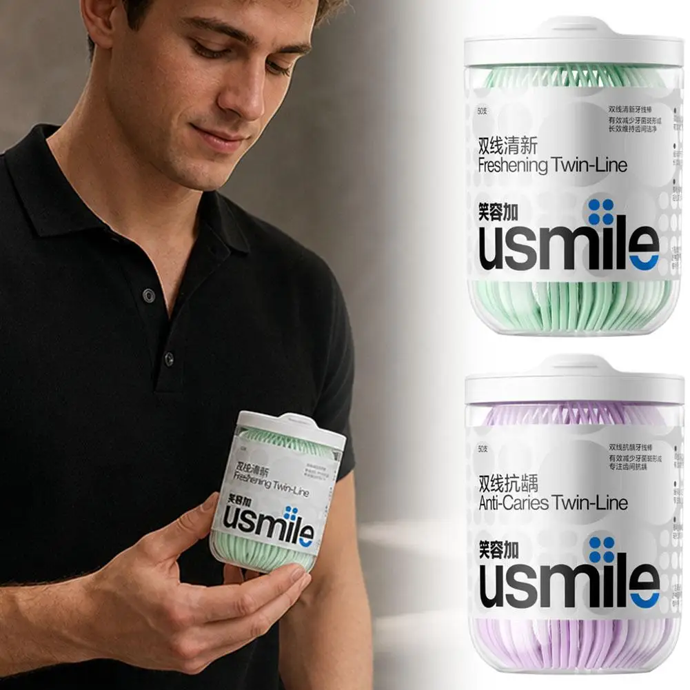 USmile Twin Line Dental Floss Picks 50 Count Mint Xylitol Interdental Cleaning Toothpick Handle Portable for Adult Oral Care