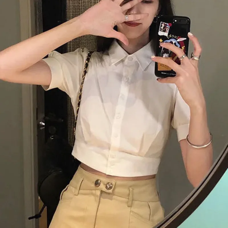 Shirts Women Summer White Vintage Solid Crop Tops Puff Sleeve All-match Preppy Style Chemise Femme Folds Students Chic New Ins