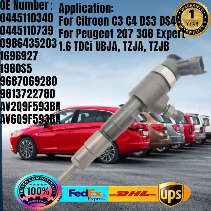 

Fuel Injector 0445110340 0445110739 1980S5 9687069280 AV2Q9F593BA for Citroen C3 C4 Peugeot 207 308 Partner 1.6 TDCi TZJA