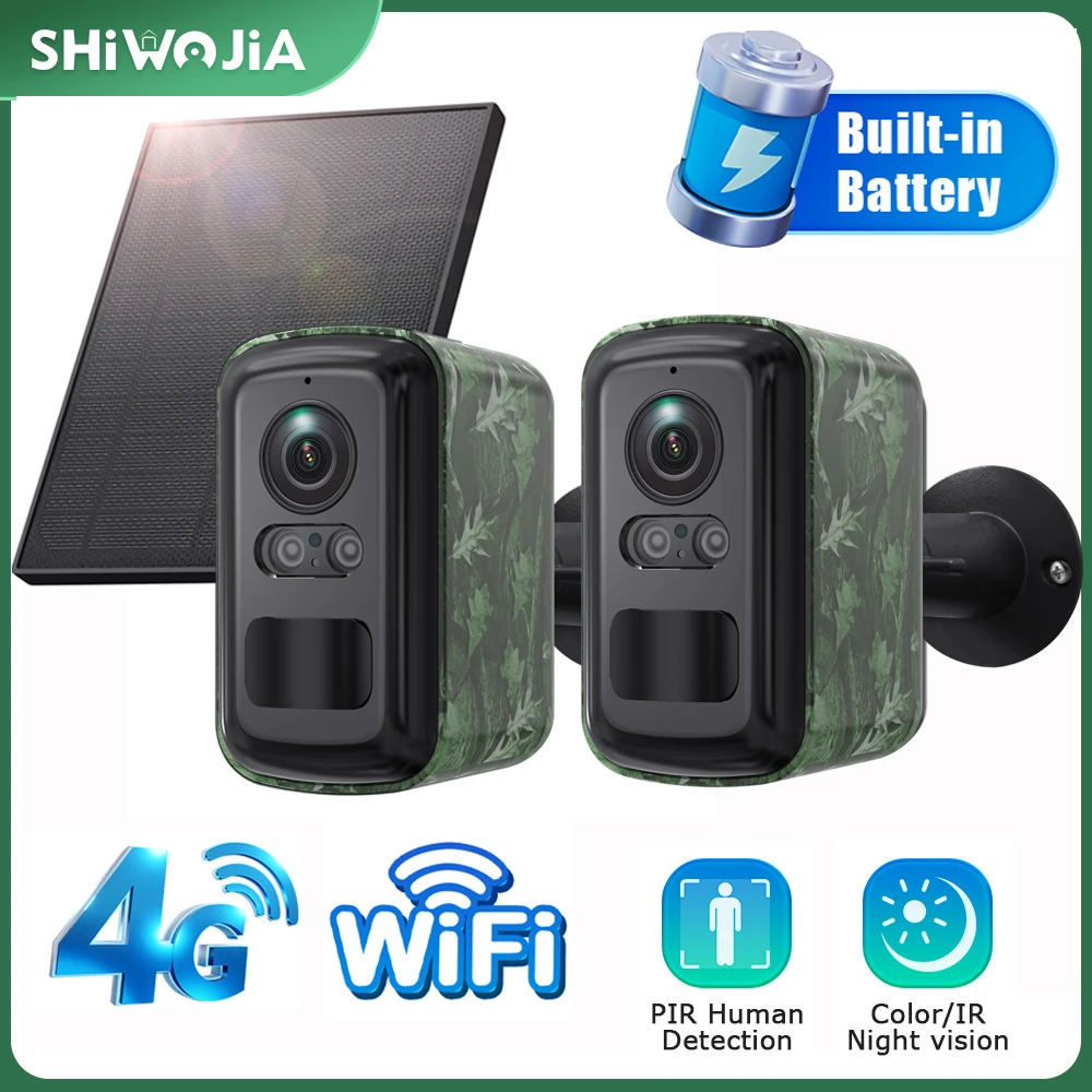 SHIWOJIA 3MP Solar Camera 4G/WIFI Security Outdoor Wireless Battery Powered Bullet Security Camera Two Way Audio