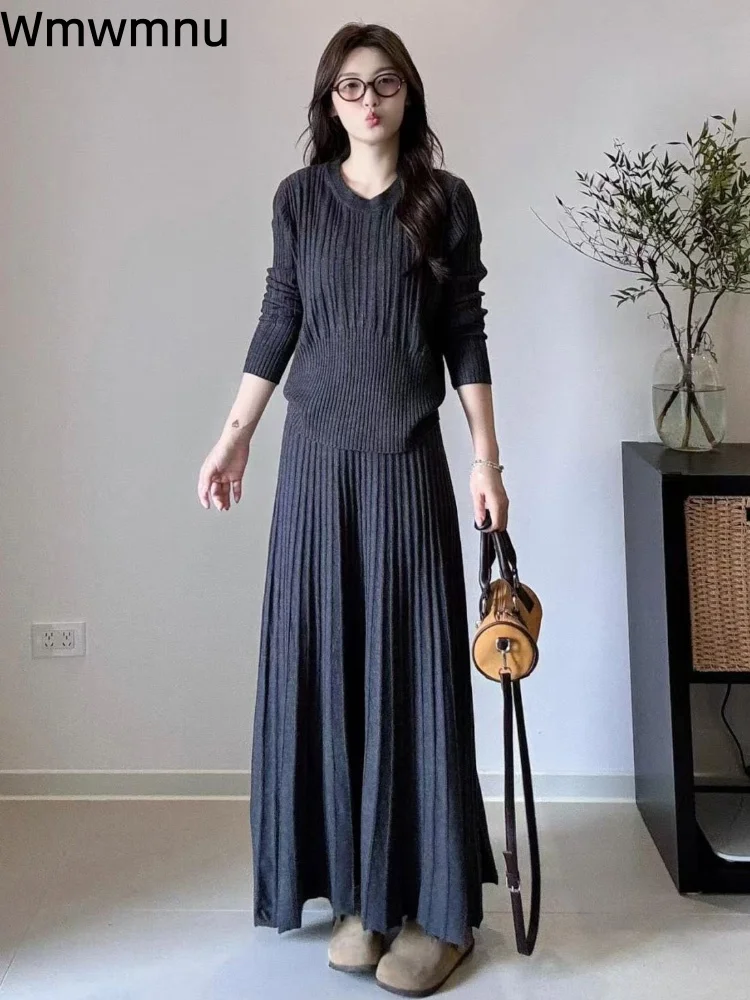 

Элегантный корейский модный вязаный свитер, комплект из 2 предметов, женский повседневный комплект с круглым вырезом, мягкая нижняя юбка с высокой талией, ансамбли