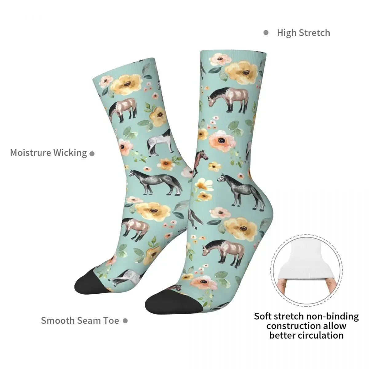 Horses With Flowers, Sunrise Floral, Blue, Horse Decor, Socks Harajuku Sweat Absorbing Stockings All Season Long Socks